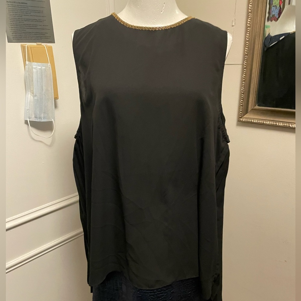 Black top with pleated back and gold beaded neckline